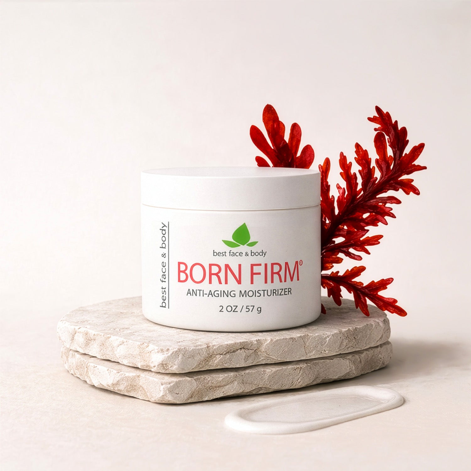 Born Firm Anti-Aging Moisturizer - Firming cream for wrinkles and dry skin. White jar photographed on stone surface with decorative red algae - Best Face & Body