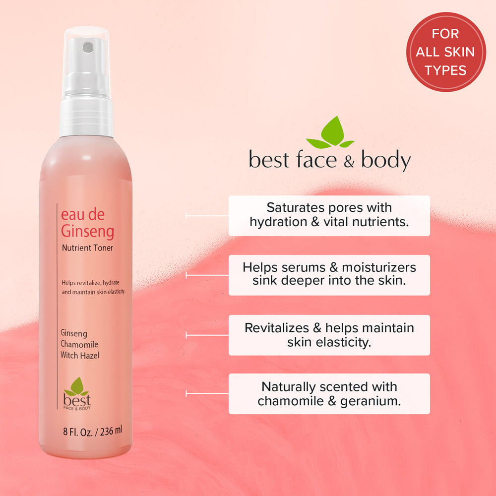 eau de ginseng nutrient toner spraytop bottle for all skin types with list of benefits.