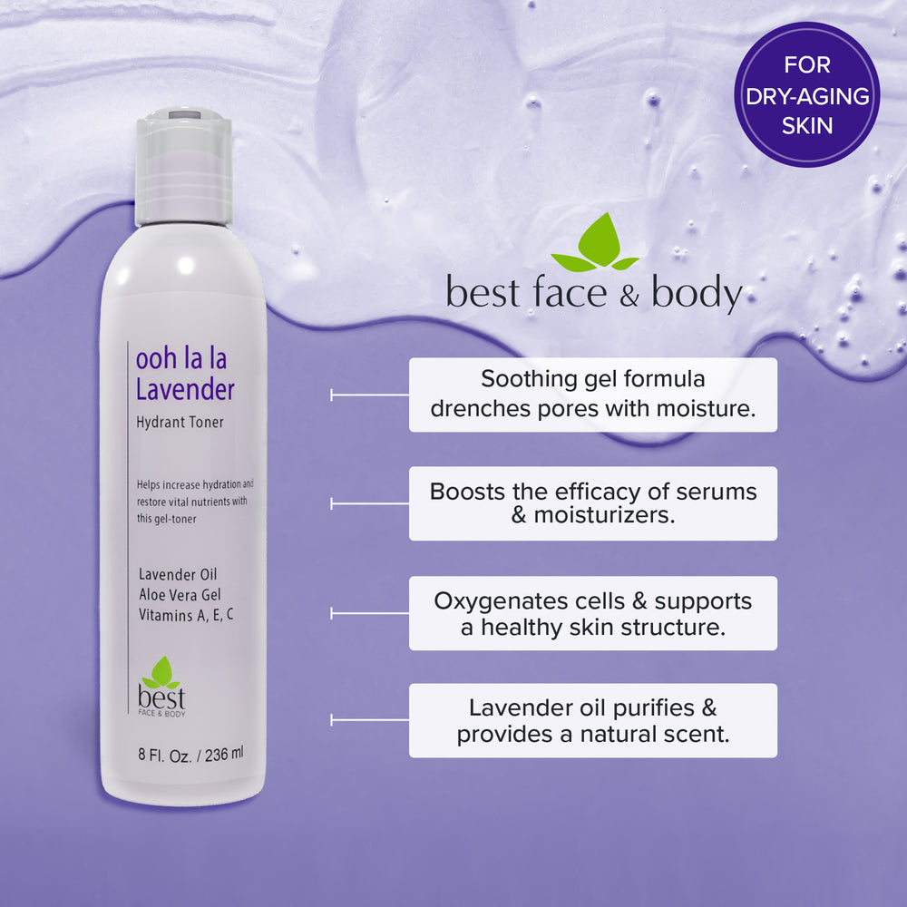 Ooh la la lavender hydrant toner for dry to aging skin. soothing gel formula drenches pores with moisture. Boosts the efficacy of serums & moisturizers. Oxygenates cells & supports a healthy skin structure. Lavender oil purifies and provides a natural scent.