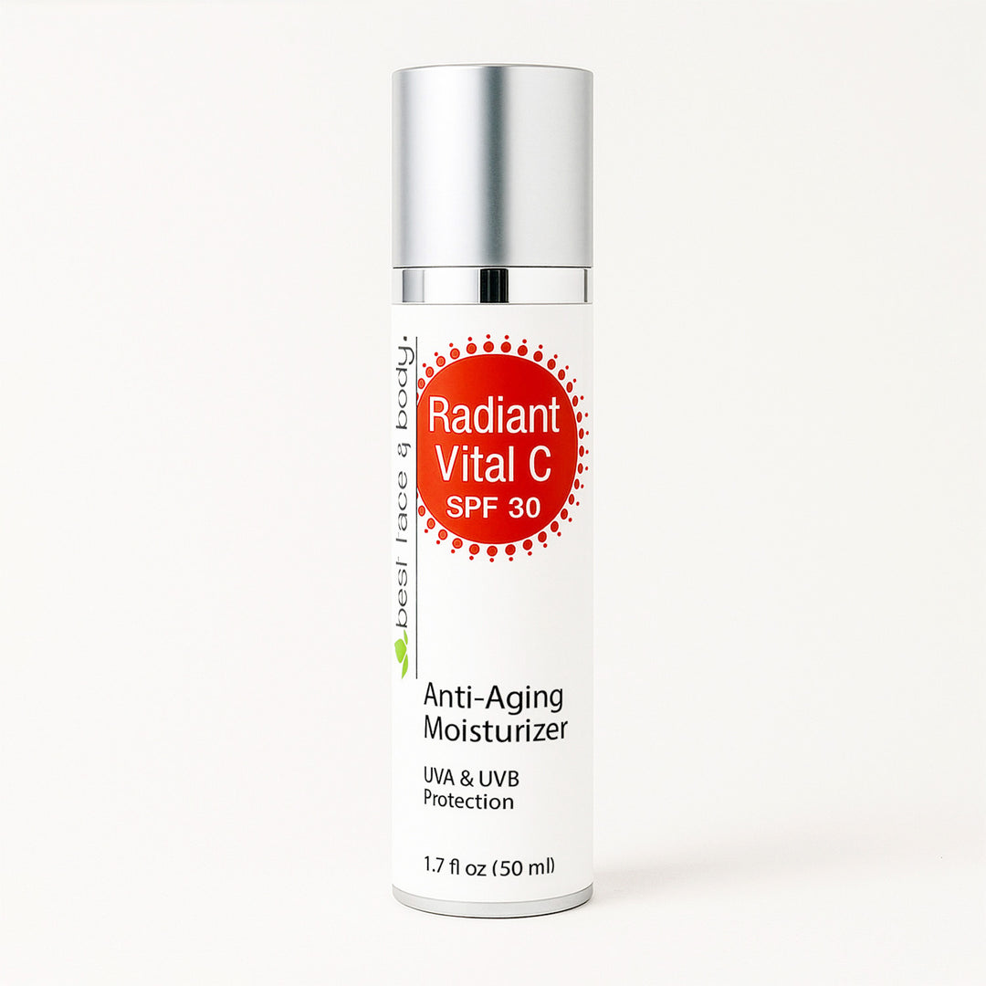 A bottle of Radiant Vital C SPF 30 with a white and red label, indicating it is an anti-aging moisturizer with an SPF of 30.