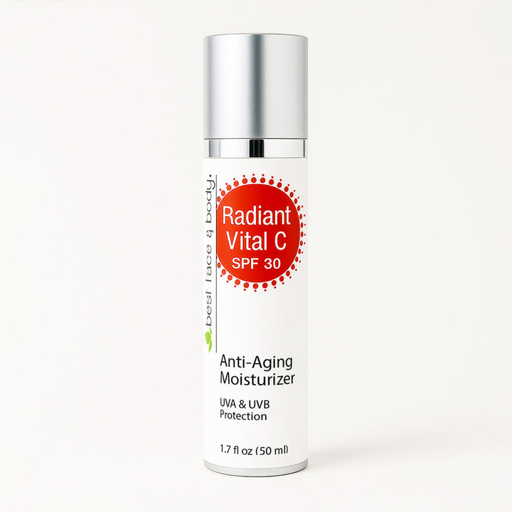 A bottle of Radiant Vital C SPF 30 with a white and red label, indicating it is an anti-aging moisturizer with an SPF of 30.