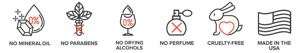 Graphic Icons depicting: No mineral or heavy oils, No parabens, No alcohol, no perfume, cruelty-free, made in the USA.