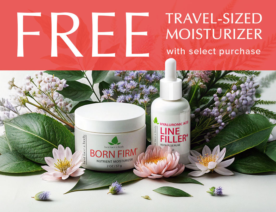 Card text reads "FREE Travel-sized moisturizer with select purchase" above an image of born firm moisturizer jar and hyaluronic acid line filler serum bottle . flowers and leaves surround the bottles.