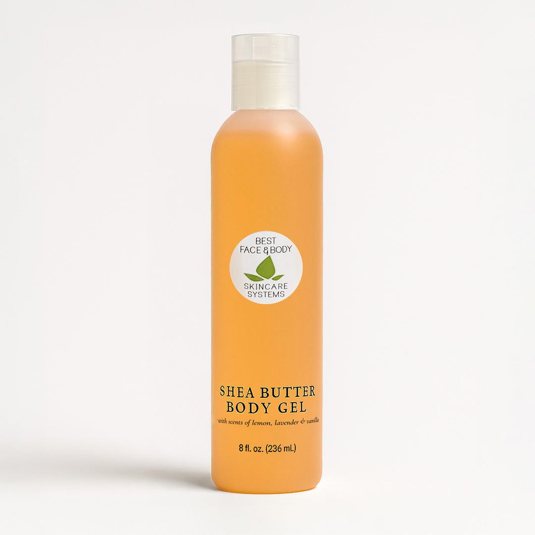 Shea butter body gel bottle with a white cap on a light beige background
