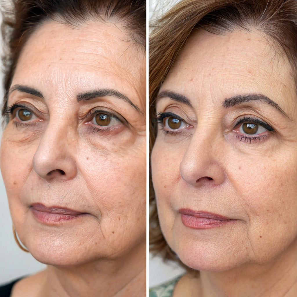Before / After comparison of under eye bags after using UnPuff Eye Restoration Gel for more than 4 weeks