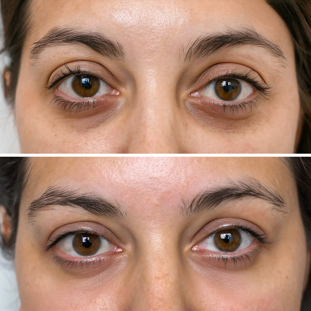Before / After comparison of under eye dark circles after using UnPuff Eye Restoration Gel for more than 4 weeks