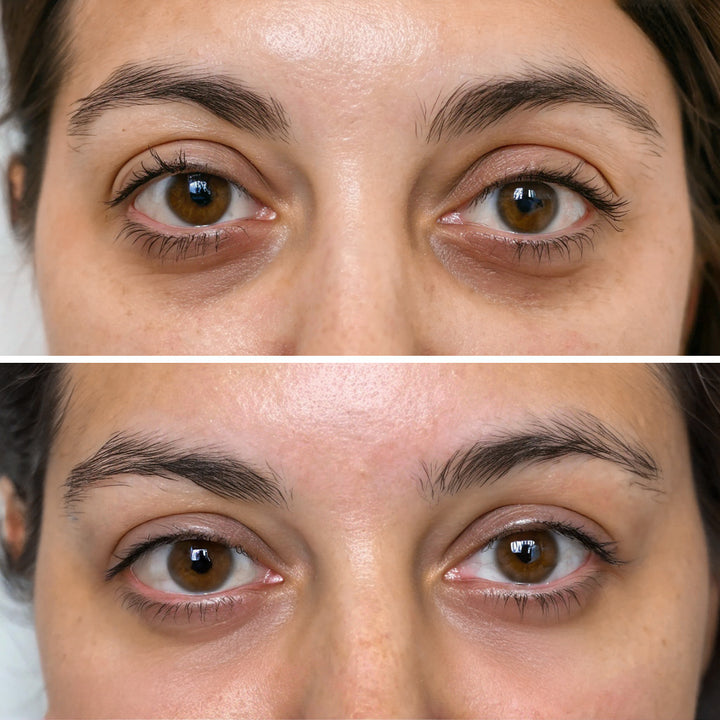 Before / After comparison of under eye dark circles after using UnPuff Eye Restoration Gel for more than 4 weeks
