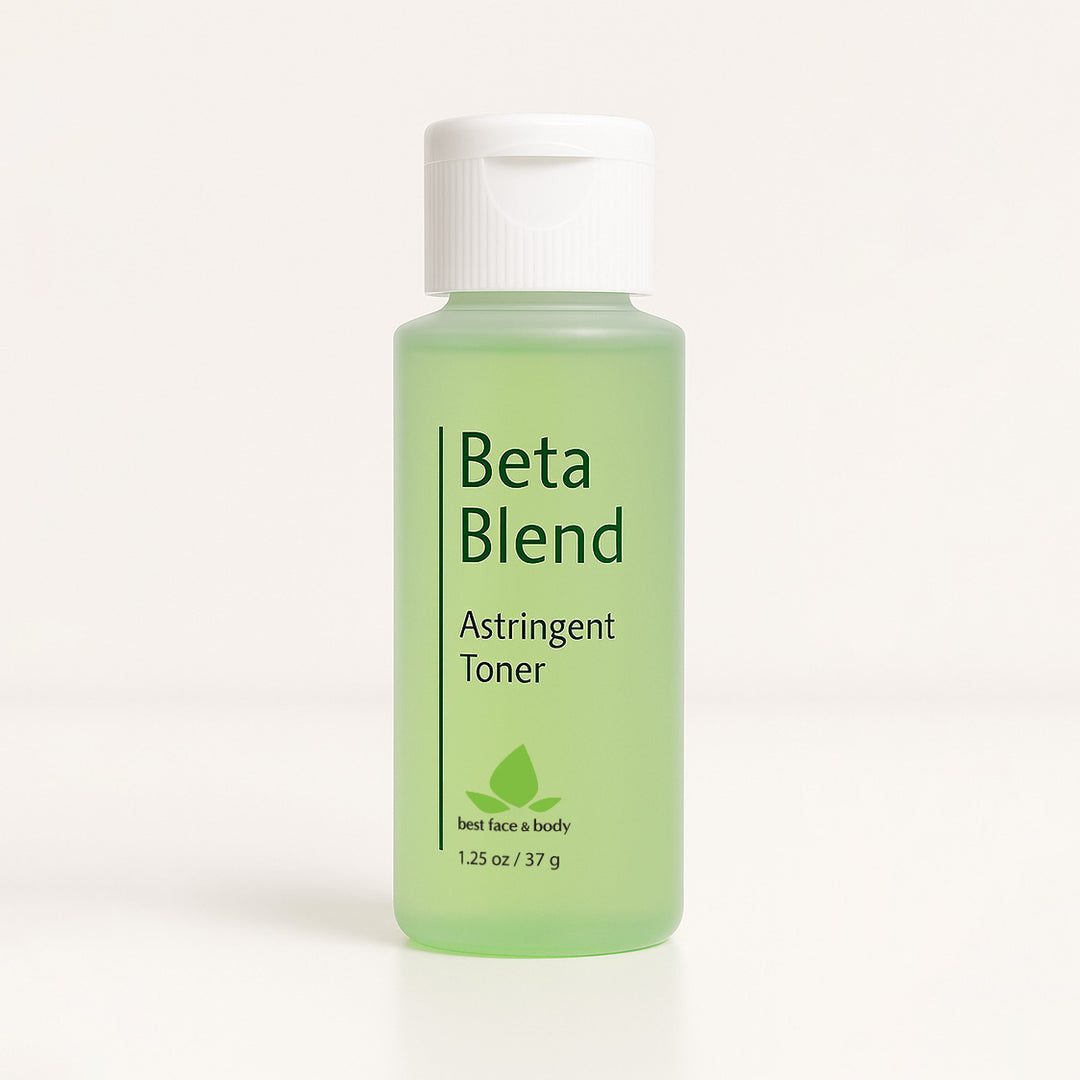 Travel sized green bottle of Beta Blend Astringent Toner on a white background