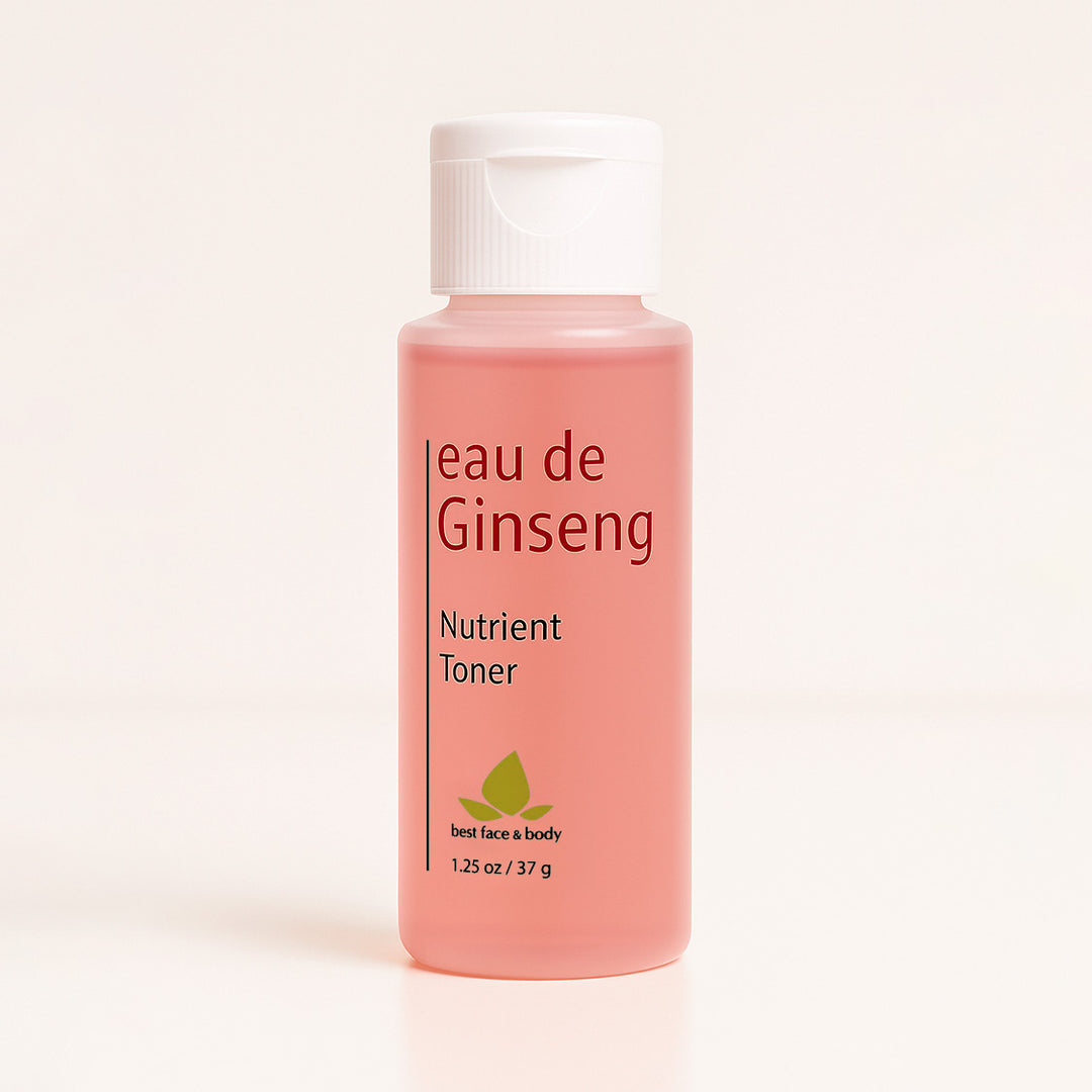 Travel sized bottle of 'eau de Ginseng' Nutrient Toner on white background
