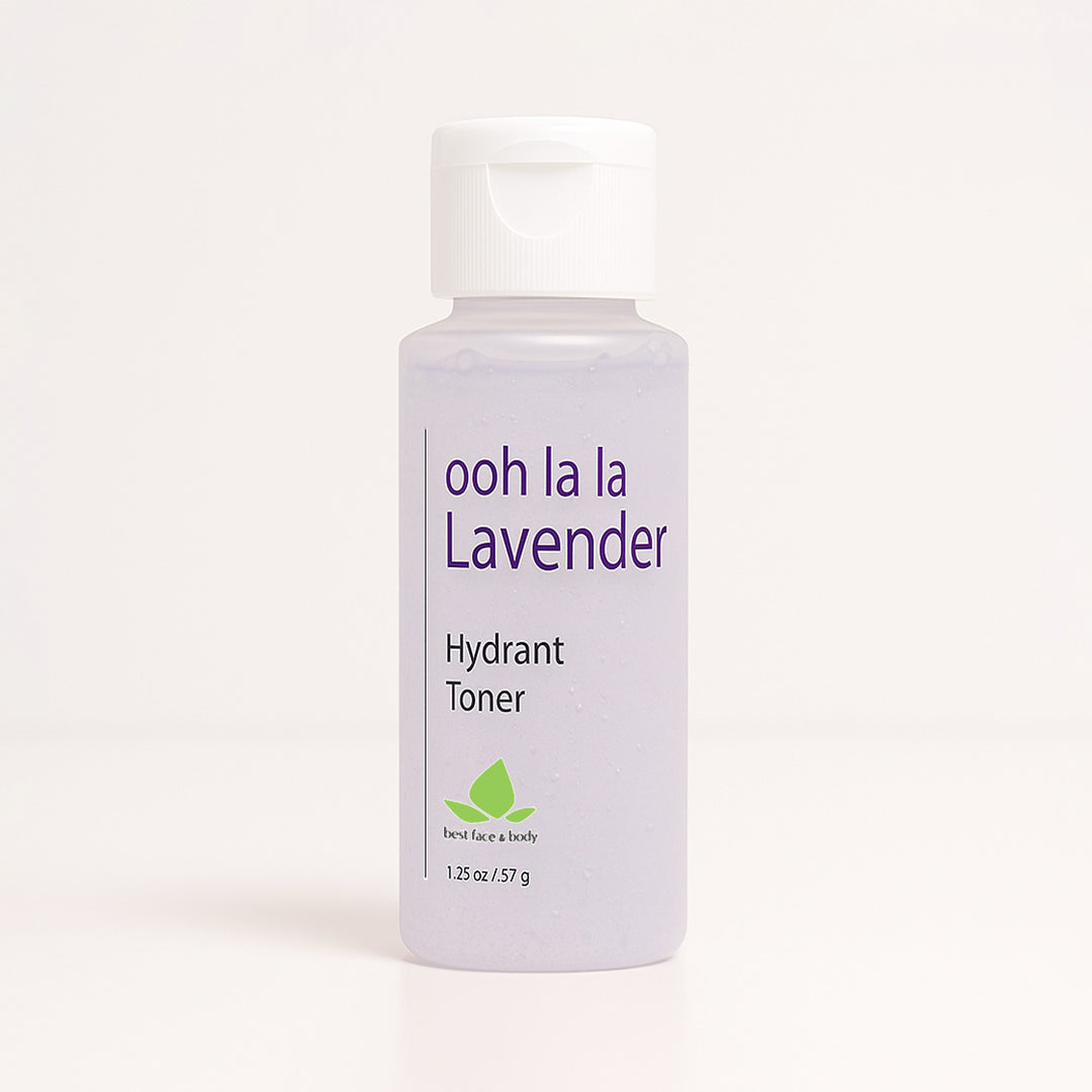 Travel sized bottle of ooh la la Lavender Hydrant Toner on a white background