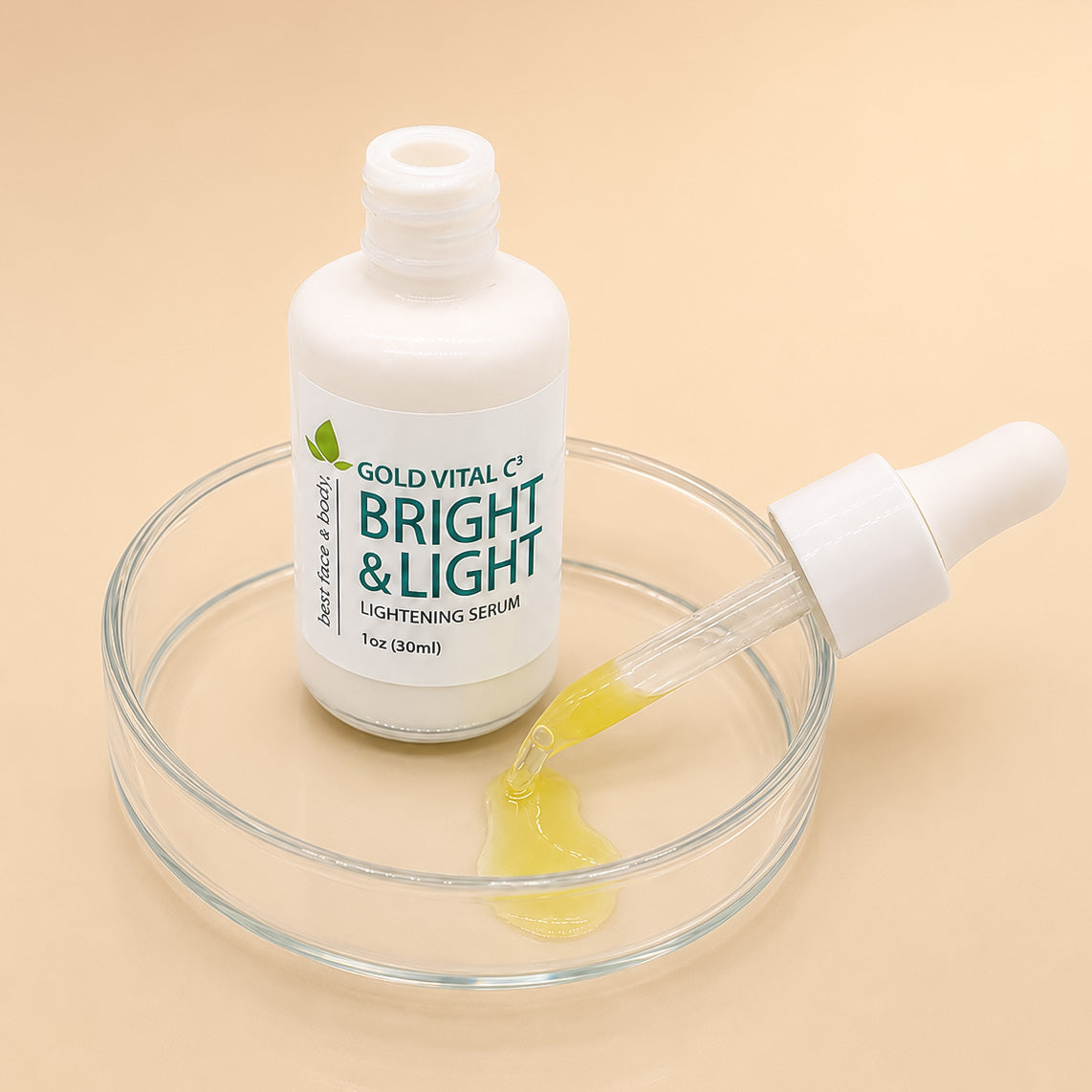 Gold Vital C3 Bright & LIght Lightening Serum. White bottle with dropper and liquid serum.
