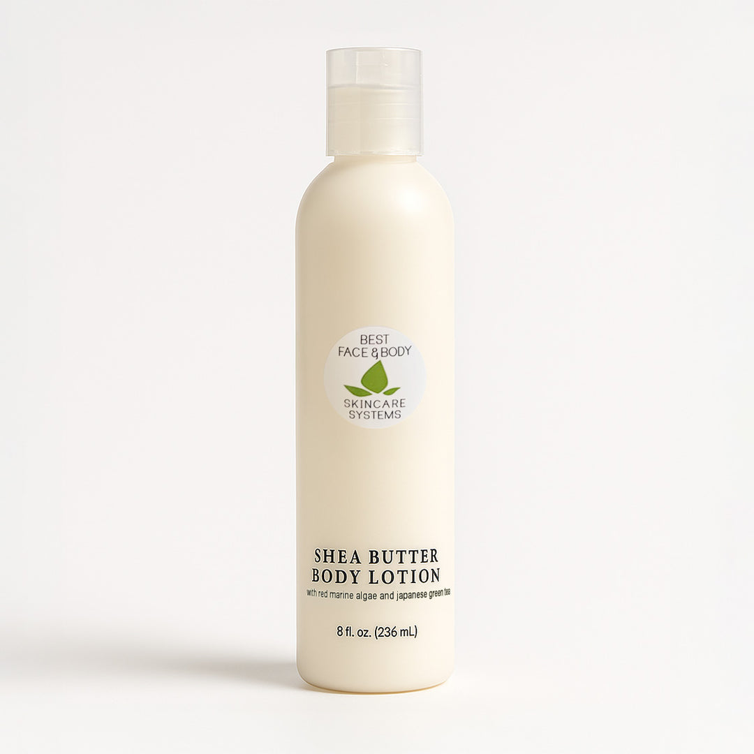 Shea butter body lotion bottle on a white background