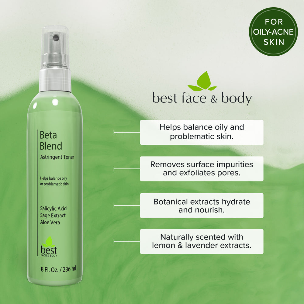 Beta Blend Astringent toner bottle next to list of skincare benefits - for oily-acne skin
