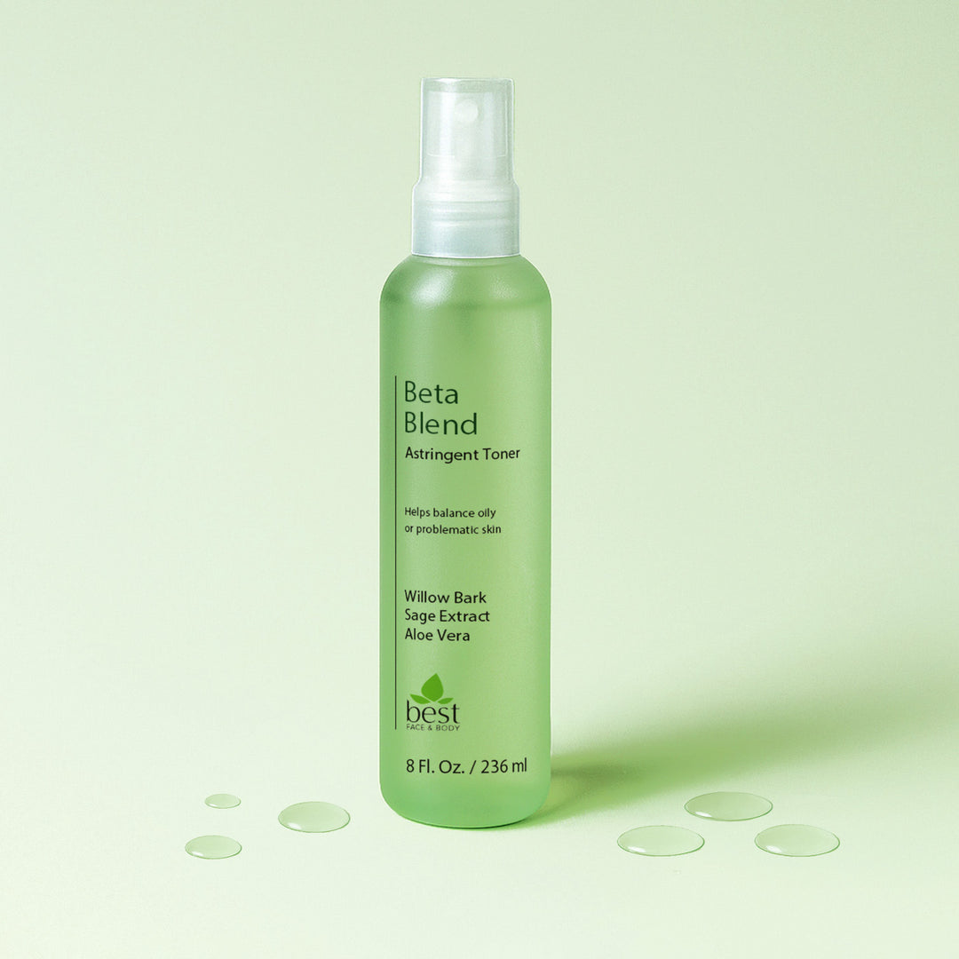 Green bottle of Beta Blend toner on a light green background - Best Face & Body