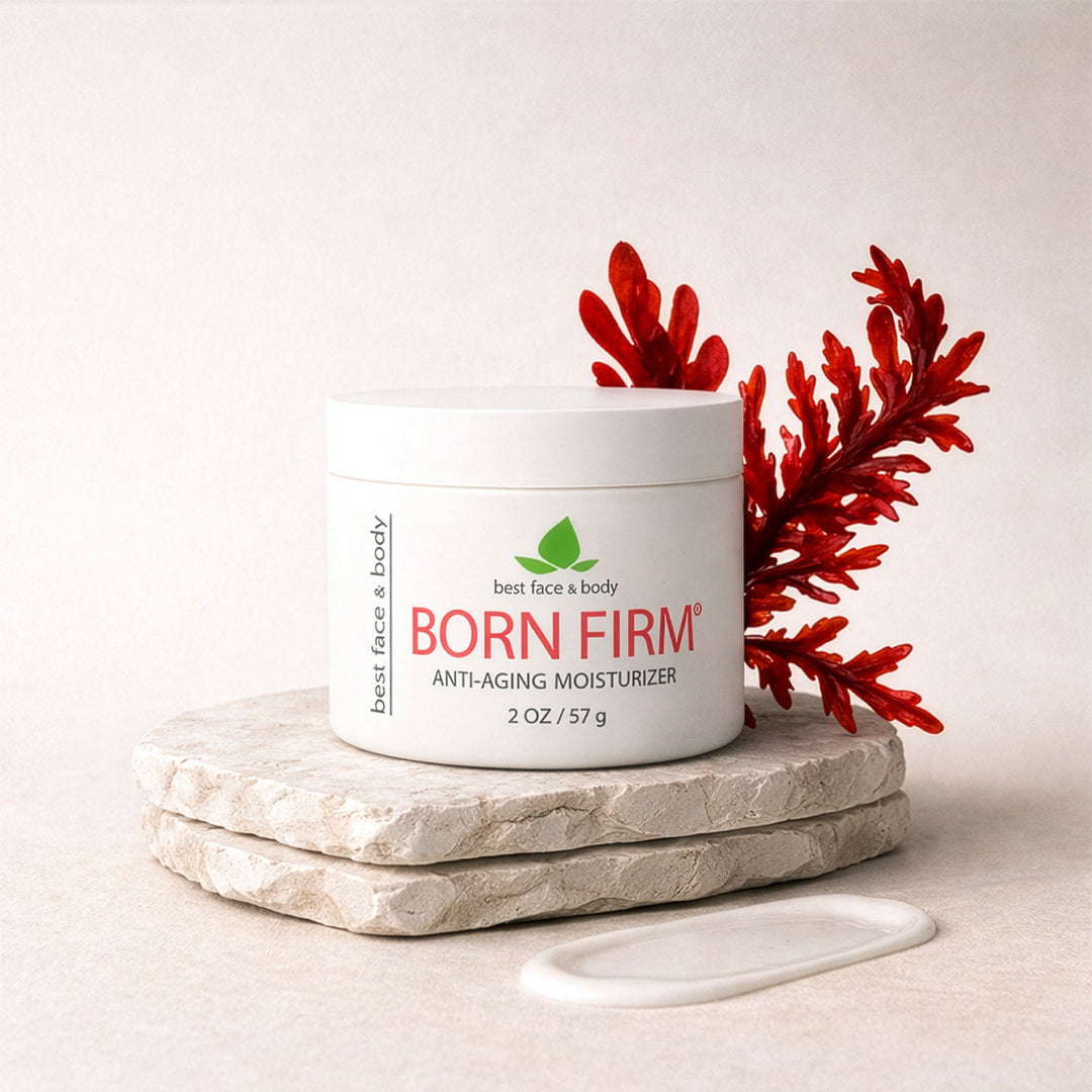 Born Firm Anti-Aging Moisturizer - Firming cream for wrinkles and dry skin. White jar photographed on stone surface with decorative red algae - Best Face & Body