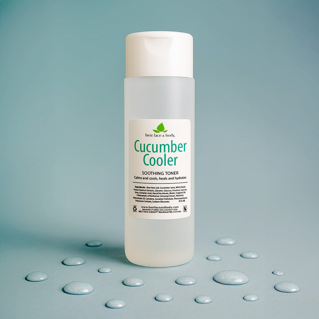 Cucumber Cooler toner bottle with droplets on a subtle blue background