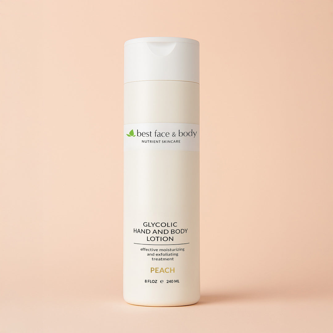 Bottle of glycolic hand and body lotion with a white label on a white background