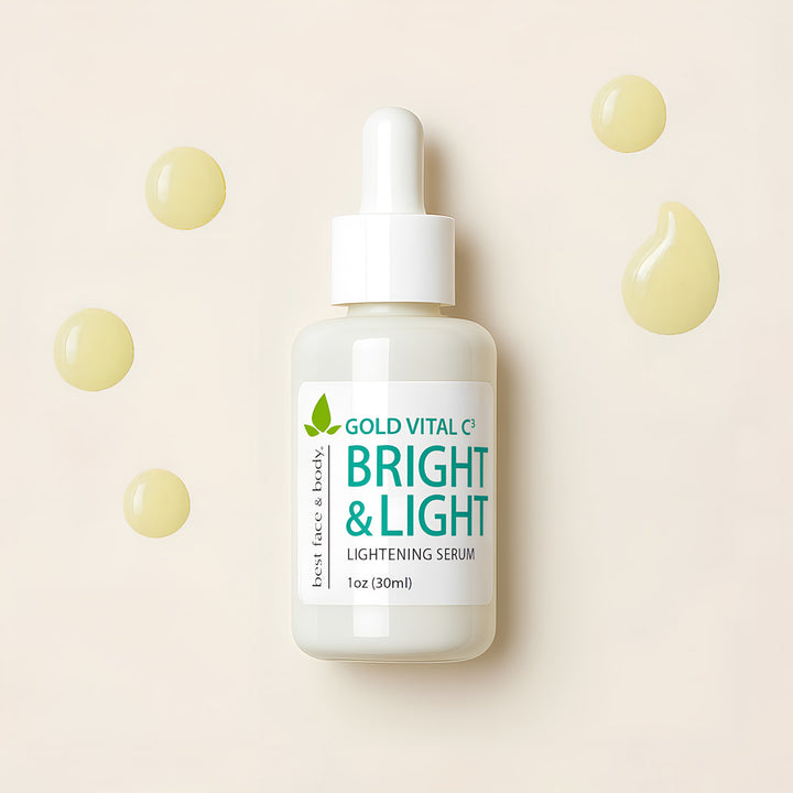 Gold Vital C Bright & Light 1oz serum bottle with dropper on a beige background. Best Face & Body