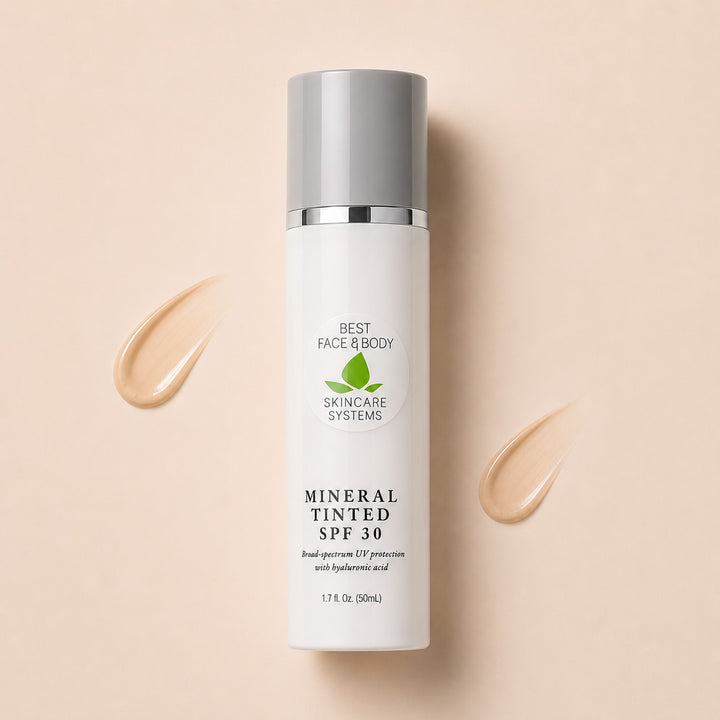 Skincare bottle labeled 'Best Face & Body' with 'Mineral Tinted SPF 30' on a beige background