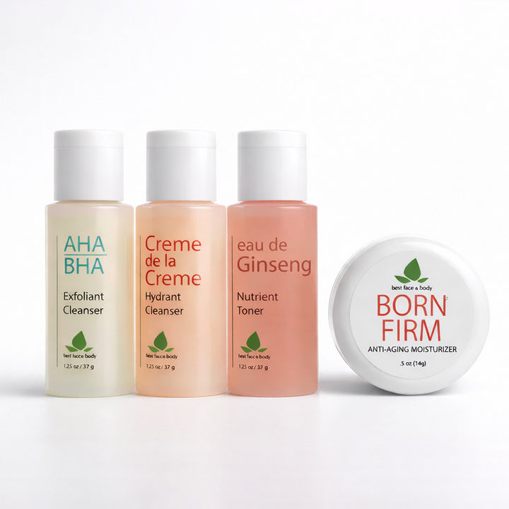 Set of skincare products including AHA BHA Exfoliant Cleanser, Creme de la Creme Hydrant Cleanser, eau de Ginseng Nutrient Toner, and Born Firm Anti-Aging Moisturizer on a white background.