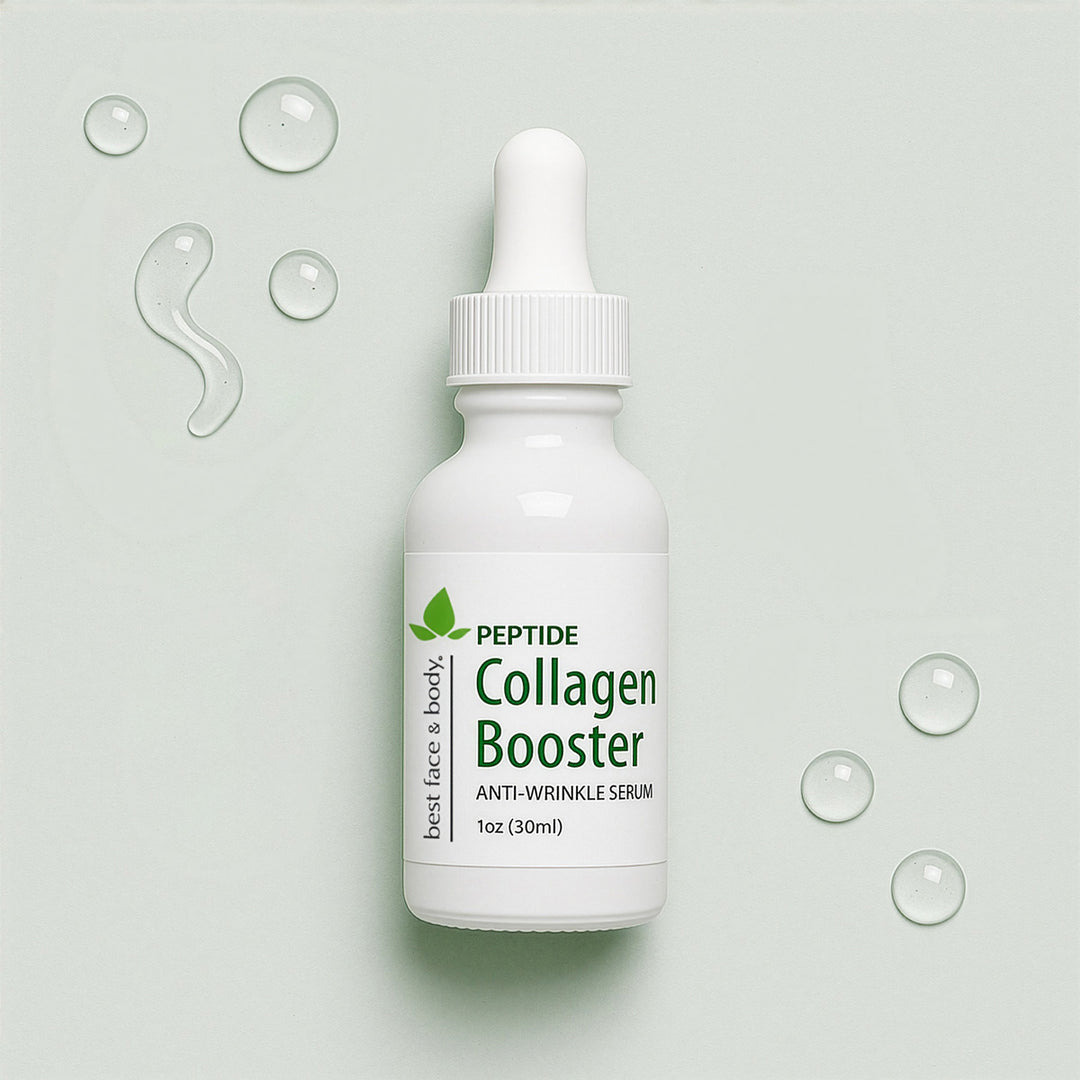 Peptide Collagen Booster serum bottle with dropper on a light green background