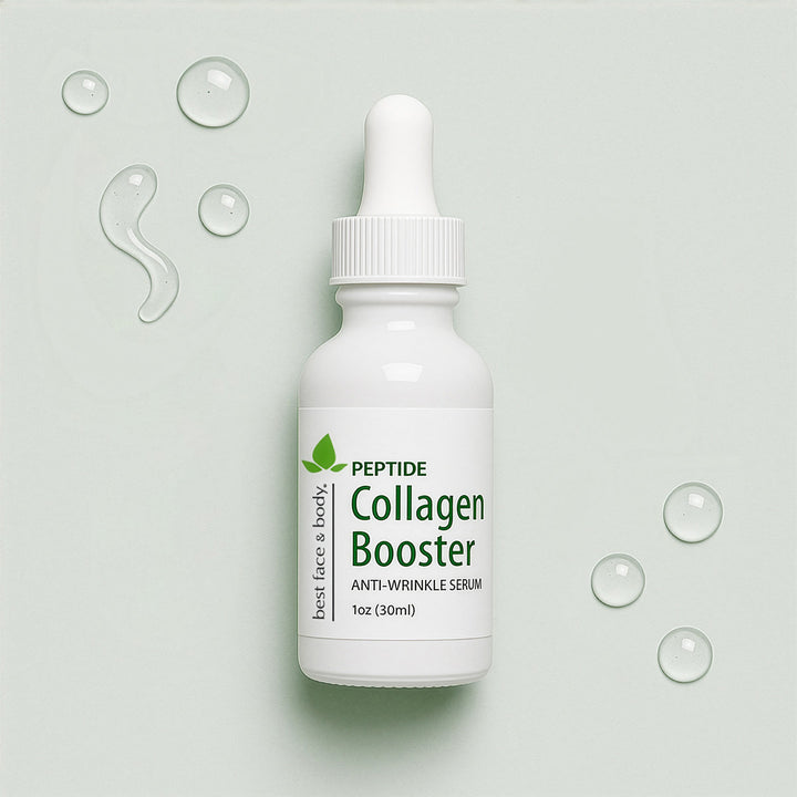 Peptide Collagen Booster serum bottle with dropper on a light green background