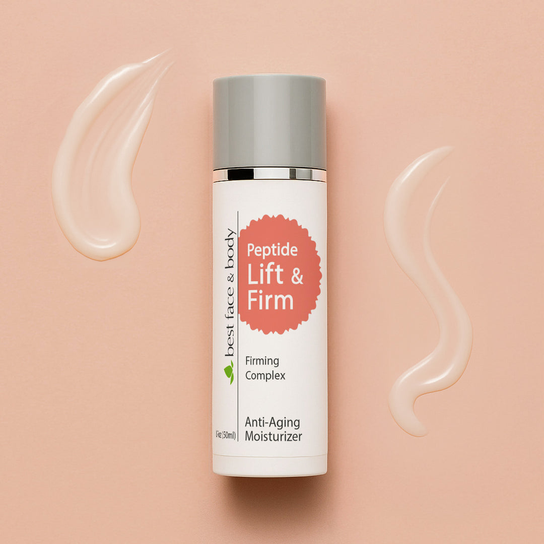 Skincare bottle labeled 'Peptide Lift & Firm' on a beige background by Best Face and Body