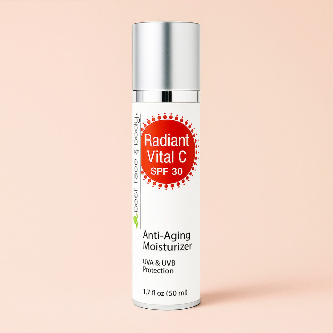 Anti-aging moisturizer bottle with 'Radiant Vital C' label on a light pink background. best face and body