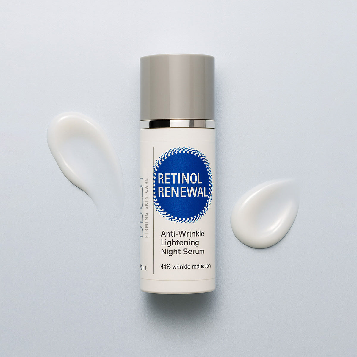 Retinol Renewal Anti-wrinkle lightening serum bottle with a blue label on a light gray background