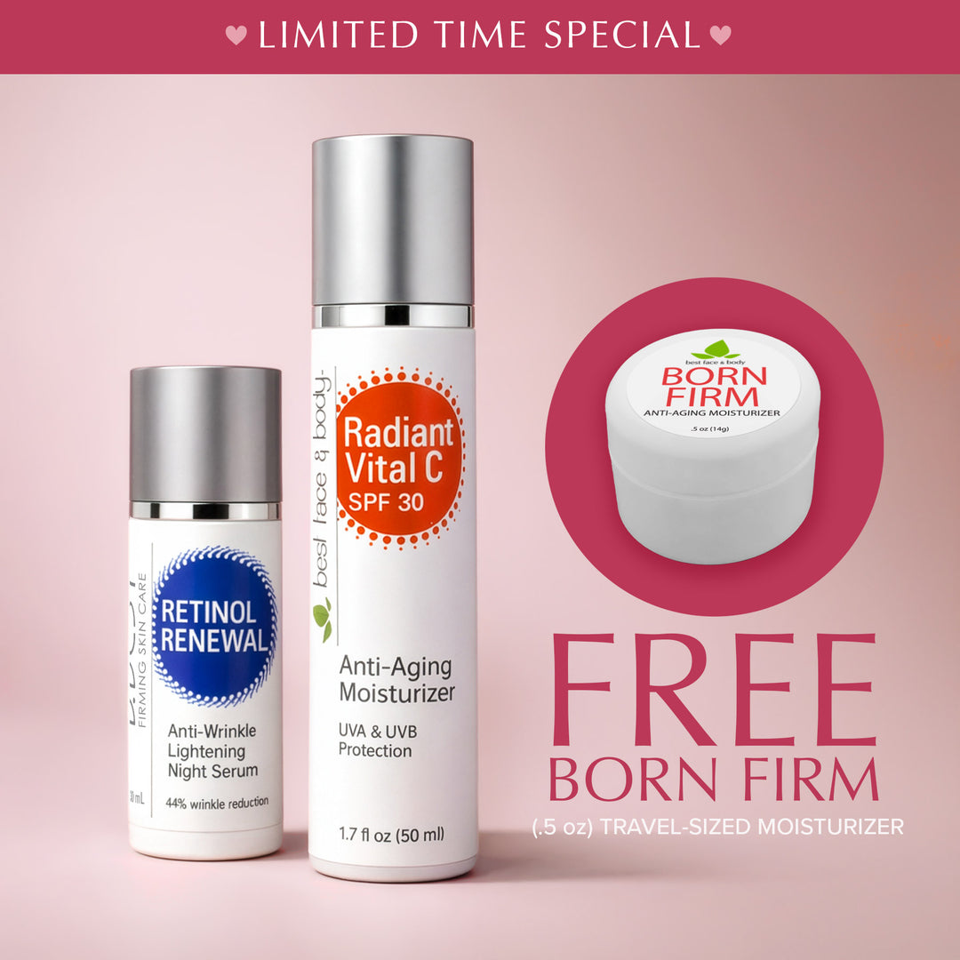 Two skincare bottles with 'Radiant Vital C' and 'Retinol Renewal' on a pink background, promoting a free Born Firm moisturizer offer.