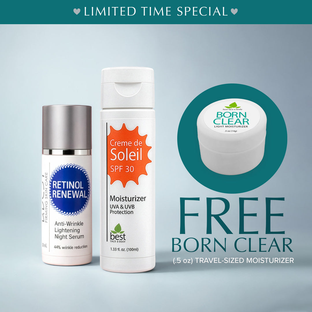 Two skincare products with a free Born Clear moisturizer offer on a light blue background