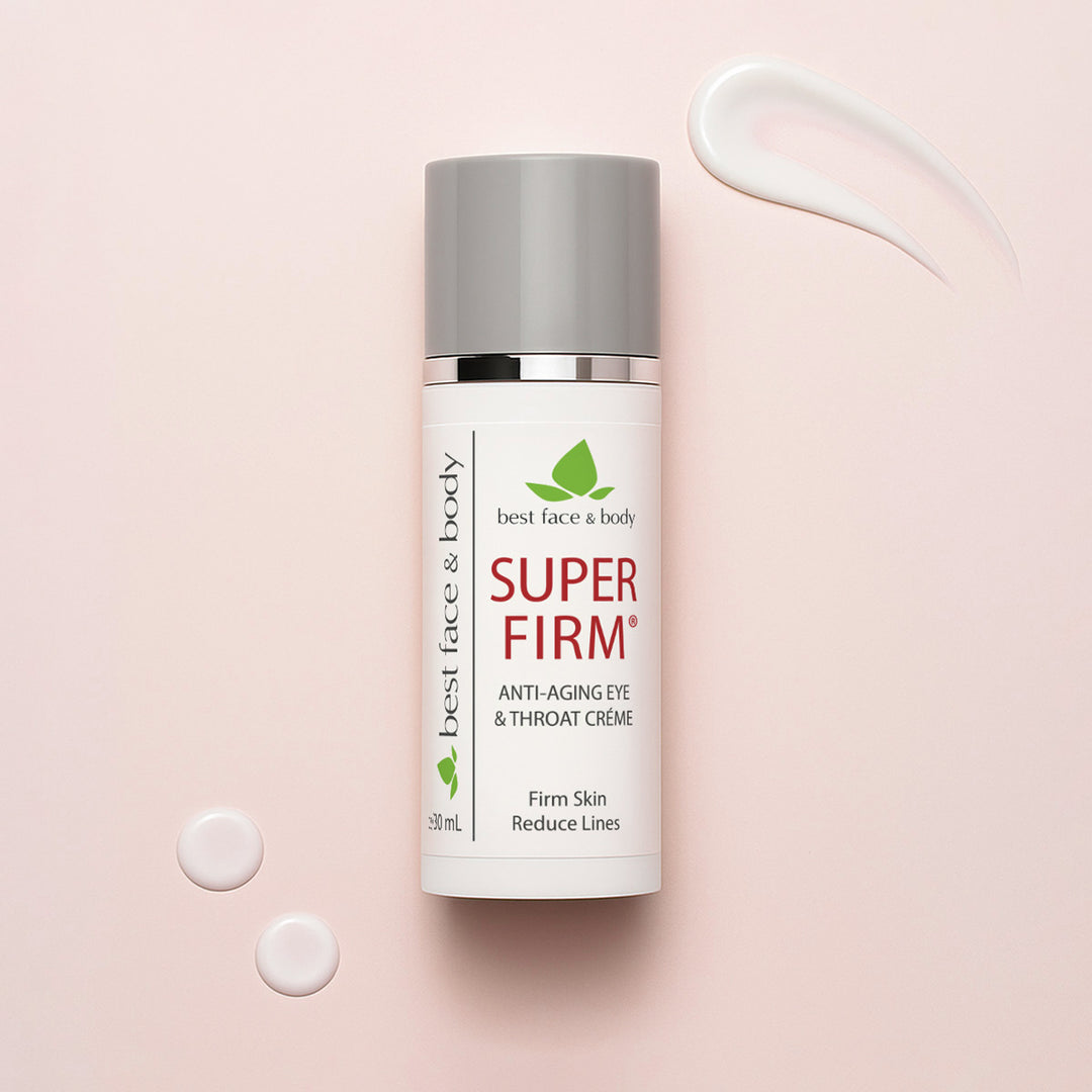 Skincare cream bottle labeled 'Super Firm' on a pink background. Best face and body