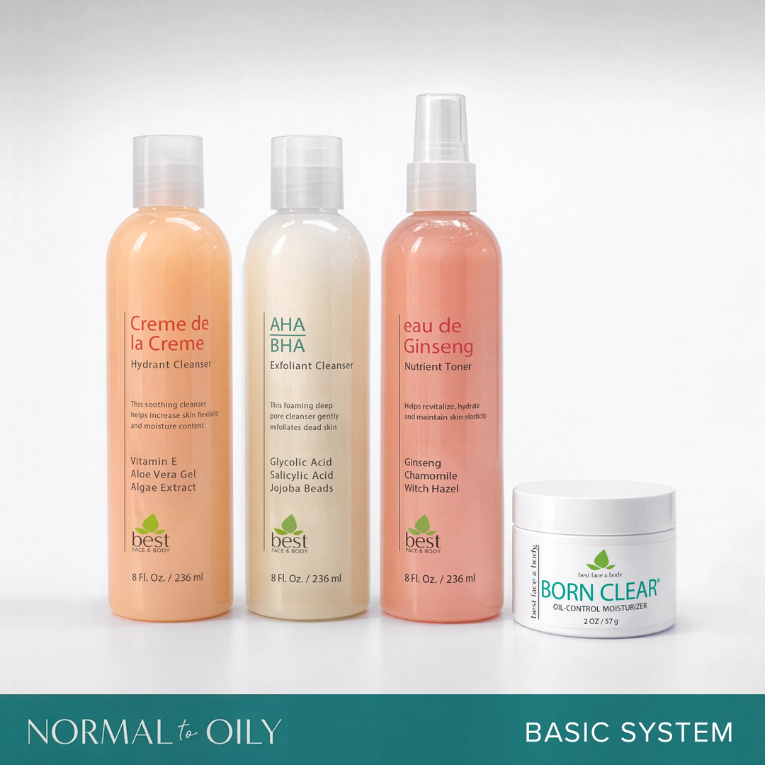 Collection of Best Face & Body skincare products for normal to oily skin on a  white background
