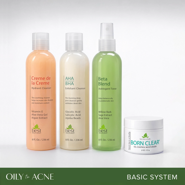 Set of skincare products including bottles and a jar on a white background. Best Face & Body oily to acne basic system