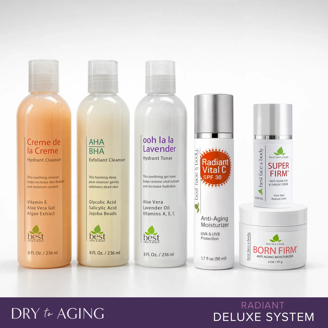 Collection of dry to aging skincare products with labels on a white background. Best Face & Body Radiant Deluxe System