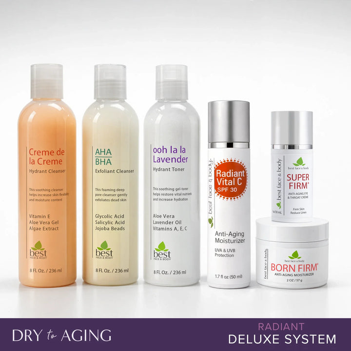 Collection of dry to aging skincare products with labels on a white background. Best Face & Body Radiant Deluxe System