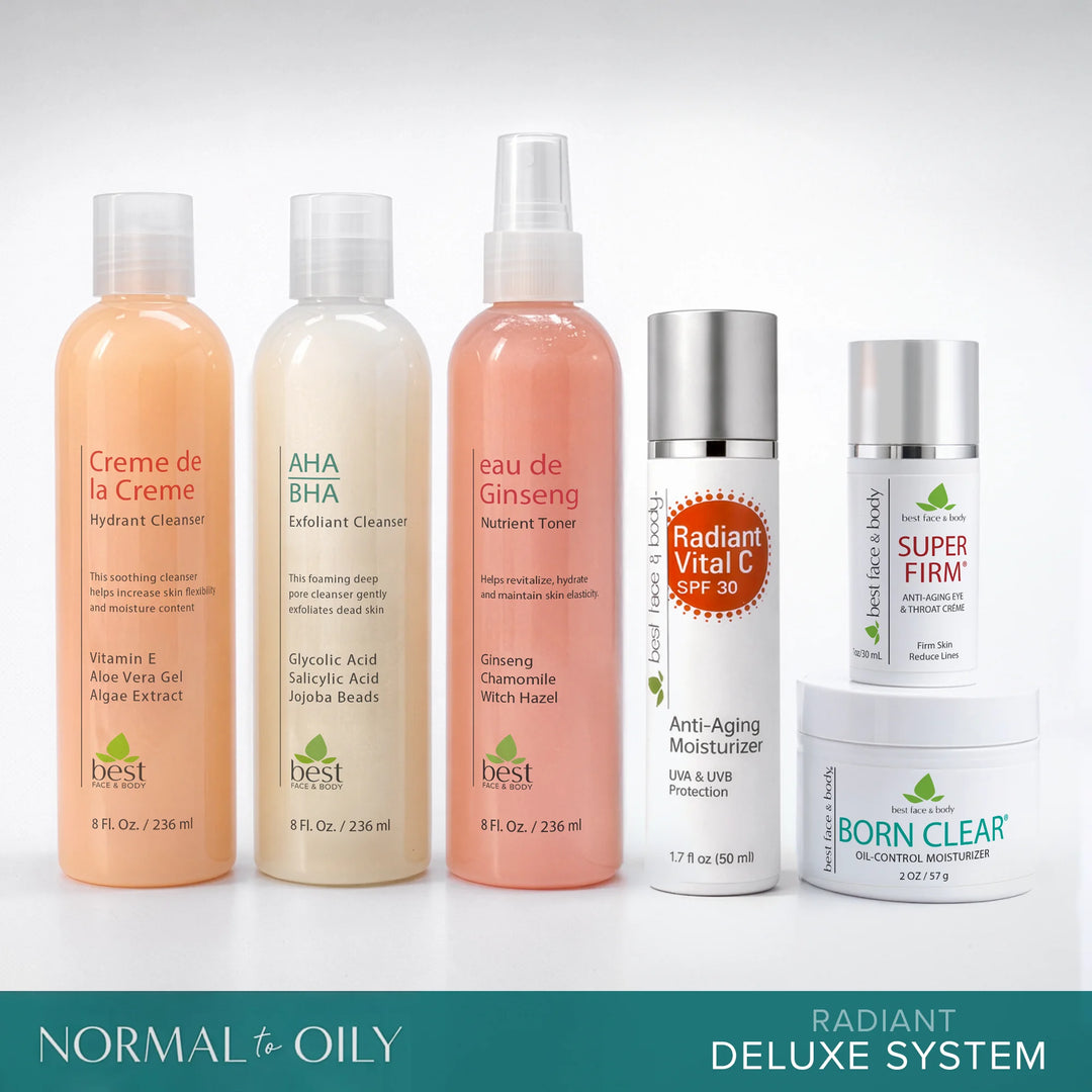 Collection of Best Face & Body skincare products for normal to oily skin on a  white background