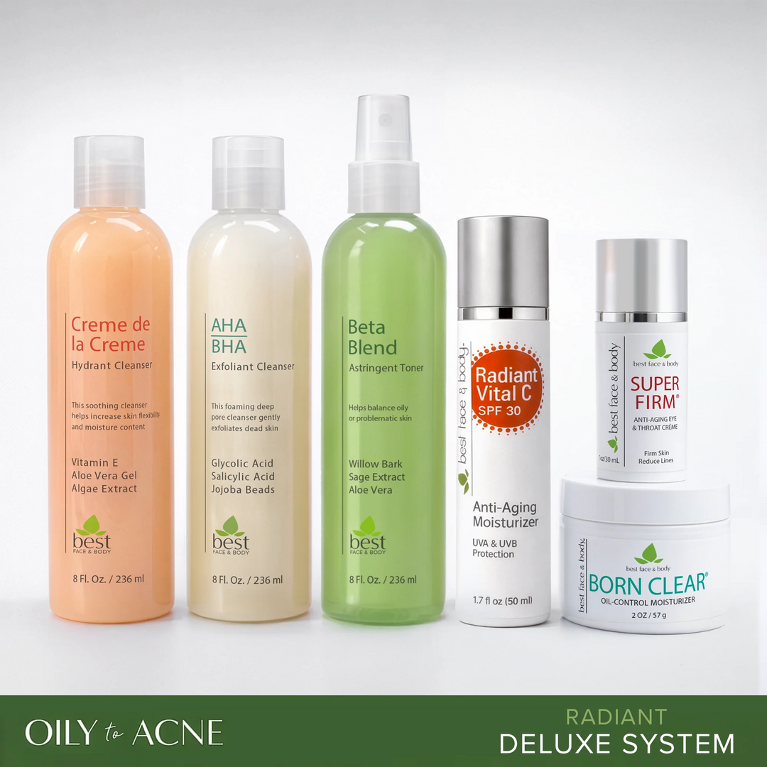 Collection of skincare products on a white background with 'Oily to Acne' branding. Best face and body oily to acne deluxe system.