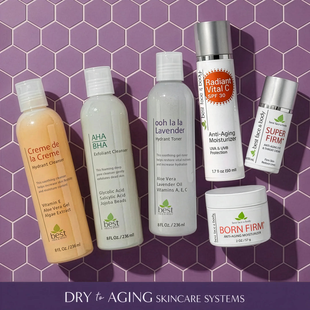 Collection of Best Face & Body skincare products on a purple hexagonal tile background