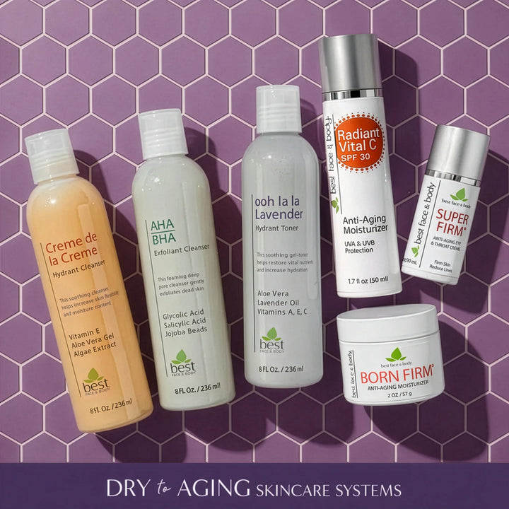 Collection of Best Face & Body skincare products on a purple hexagonal tile background