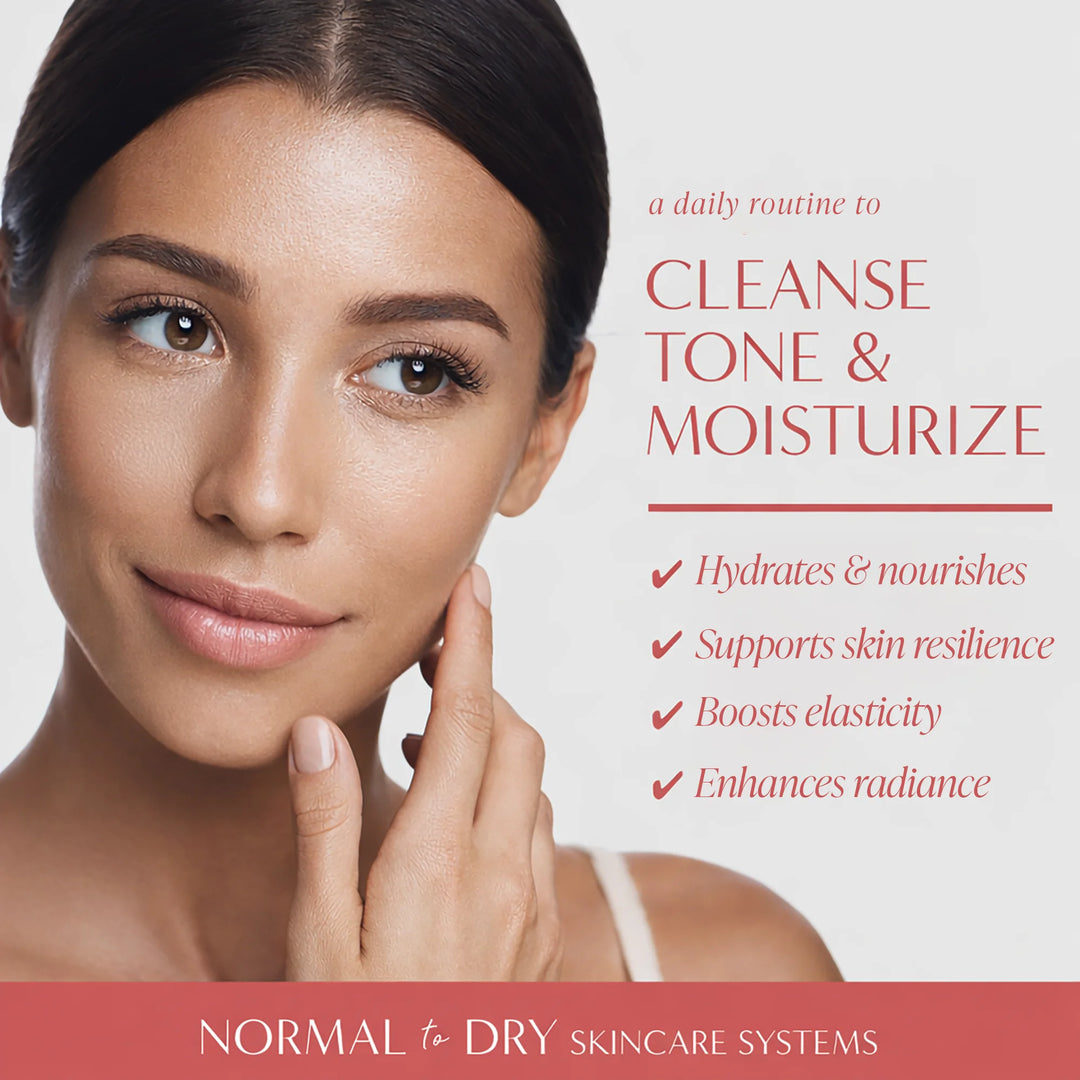 Woman touching her face with text about a daily skincare routine on a white background