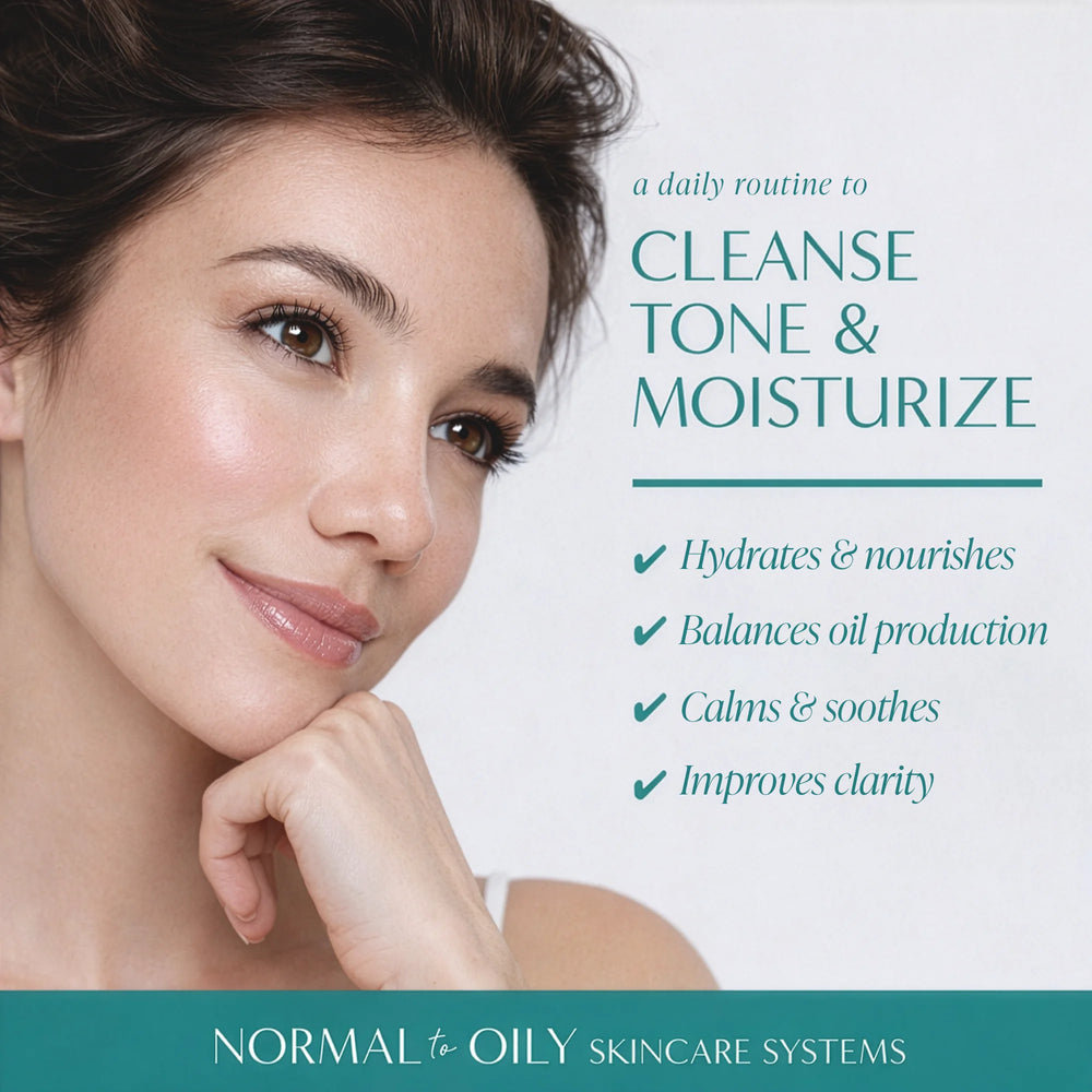 Woman with clean skin featuring text about a skincare routine.