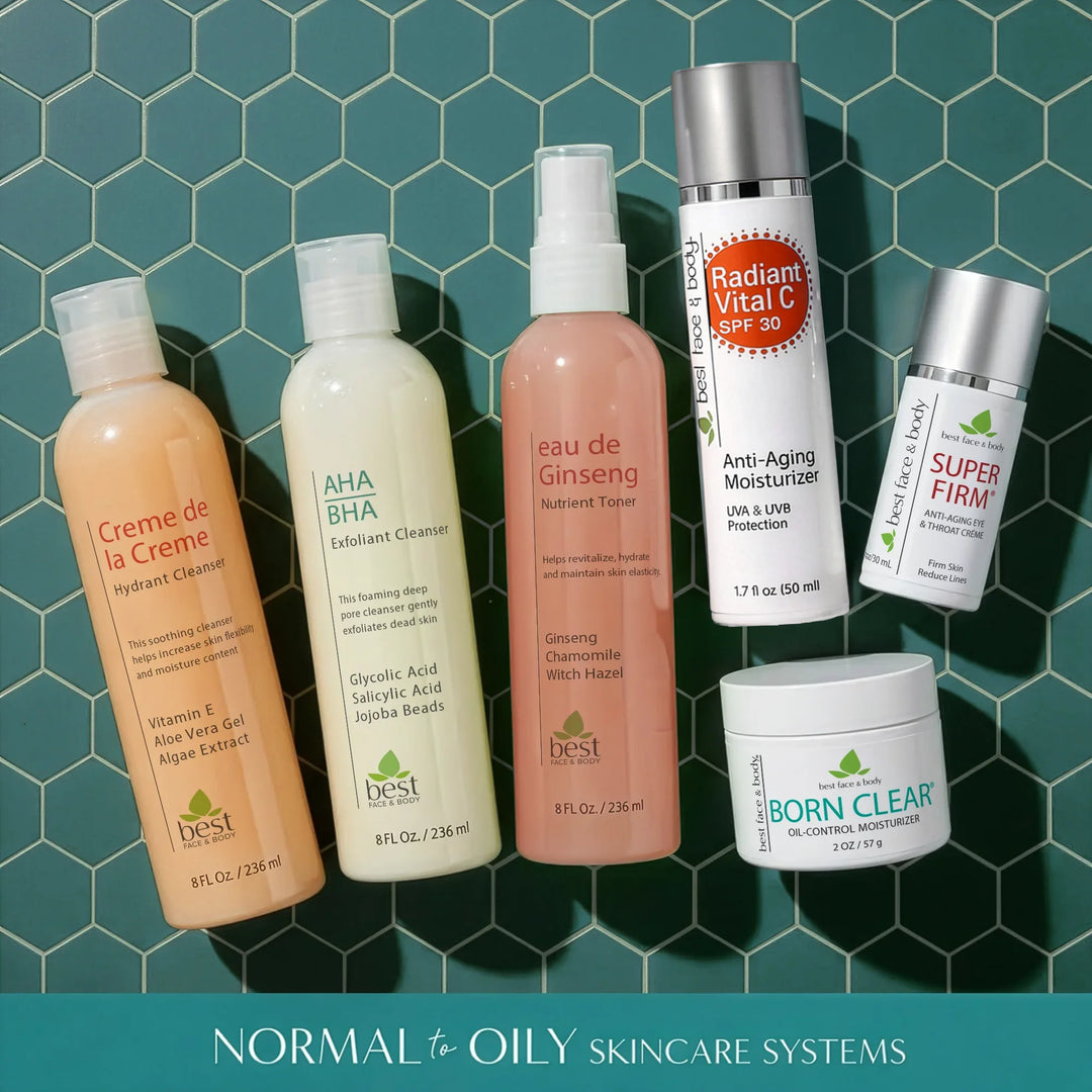 Collection of Best Face & Body skincare products for normal to oily skin on a aqua tiled background