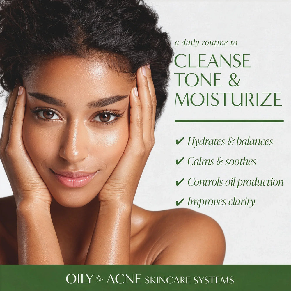 Woman with clear skin holding her face, promoting a skincare routine.