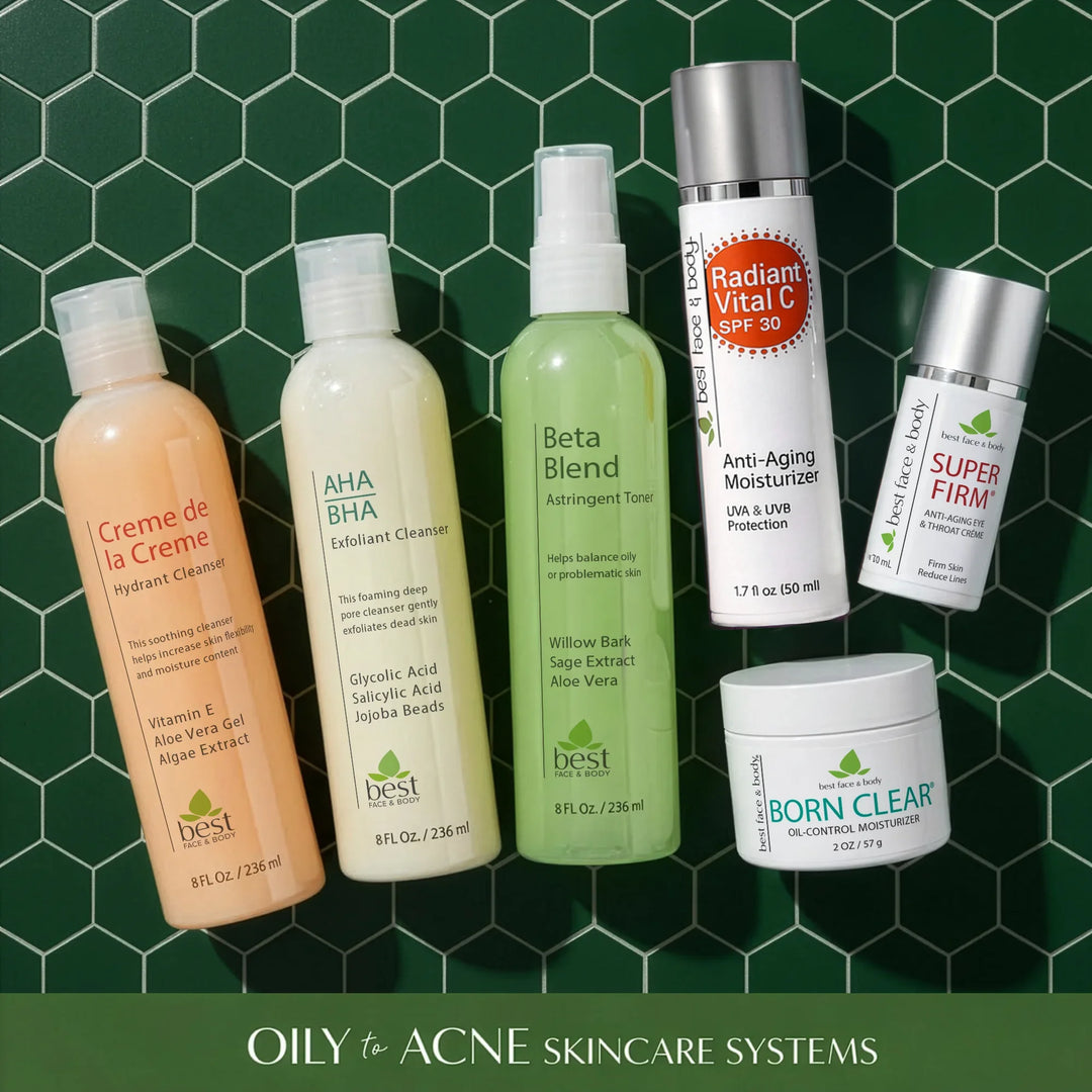 Collection of Best Face & Body skincare products for oily/acne type skin on a green tiled background