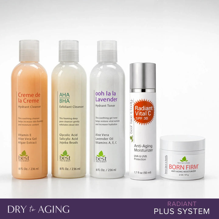 Collection of Dry to Aging skincare products from Best Formulas on a white background