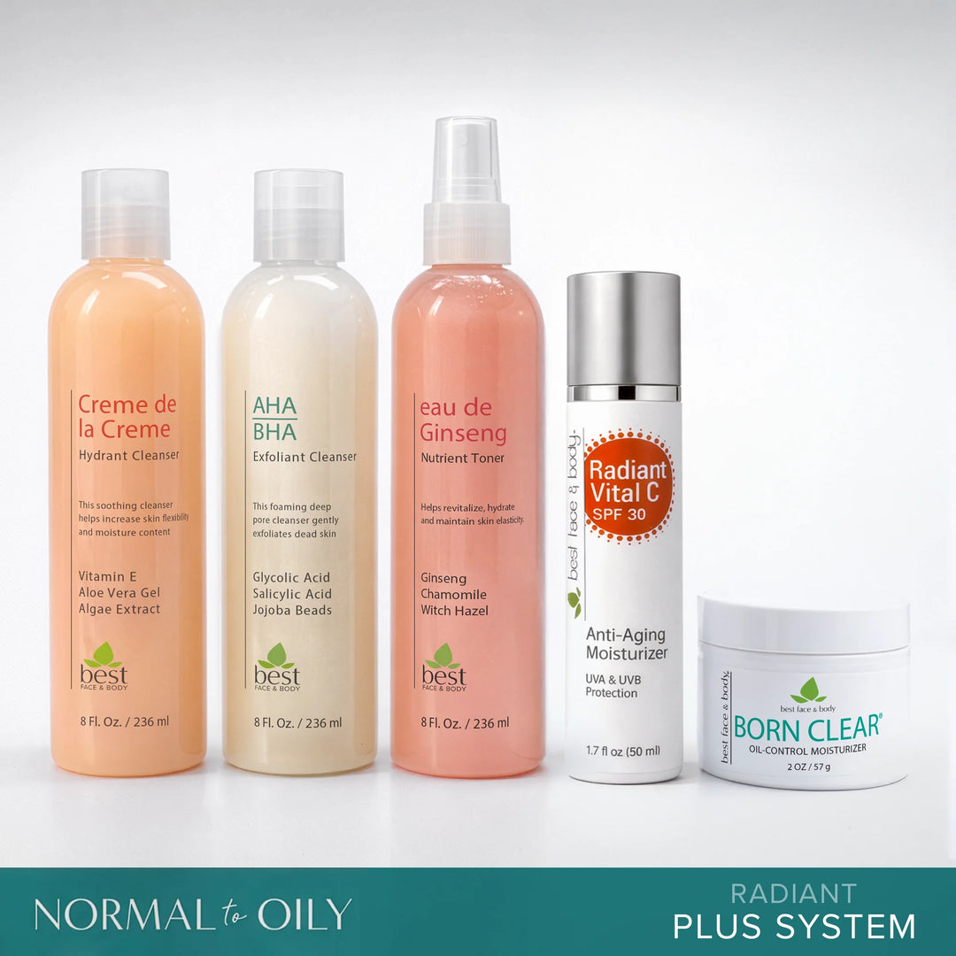 Collection of Best Face & Body skincare products for normal to oily skin on a  white background