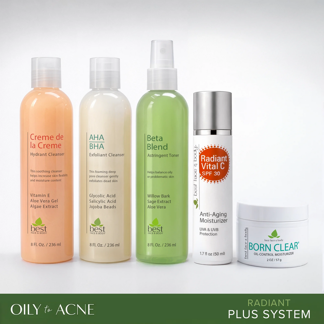 Collection of skincare products on a white background with 'Oily to Acne' branding. Best Face & Body Oily to Acne plus system.
