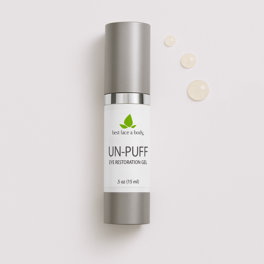 Skincare bottle labeled 'UN-PUFF eye restoration gel' on a light background