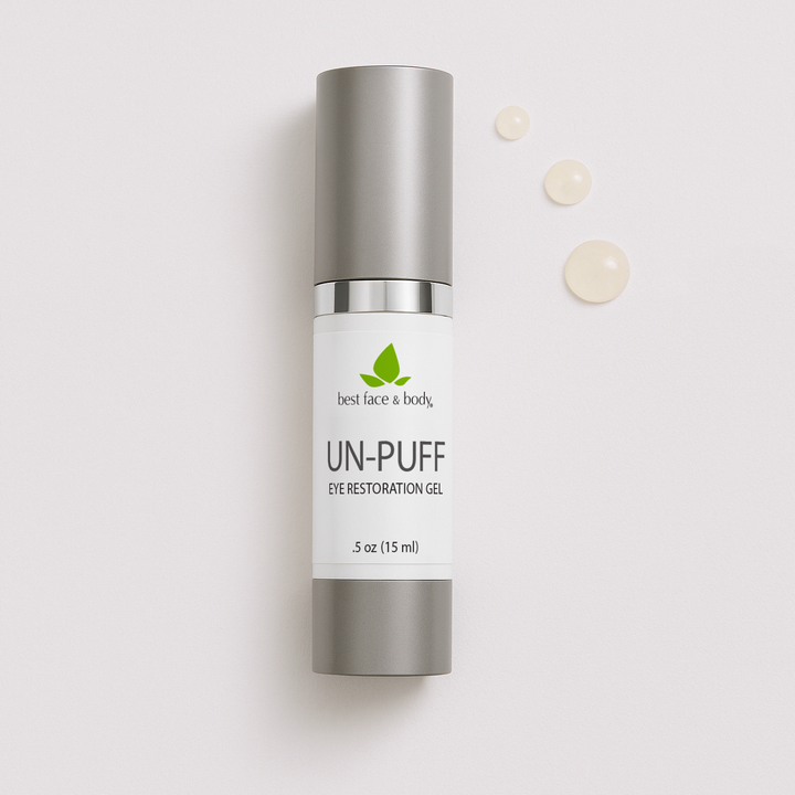 Skincare bottle labeled 'UN-PUFF eye restoration gel' on a light background